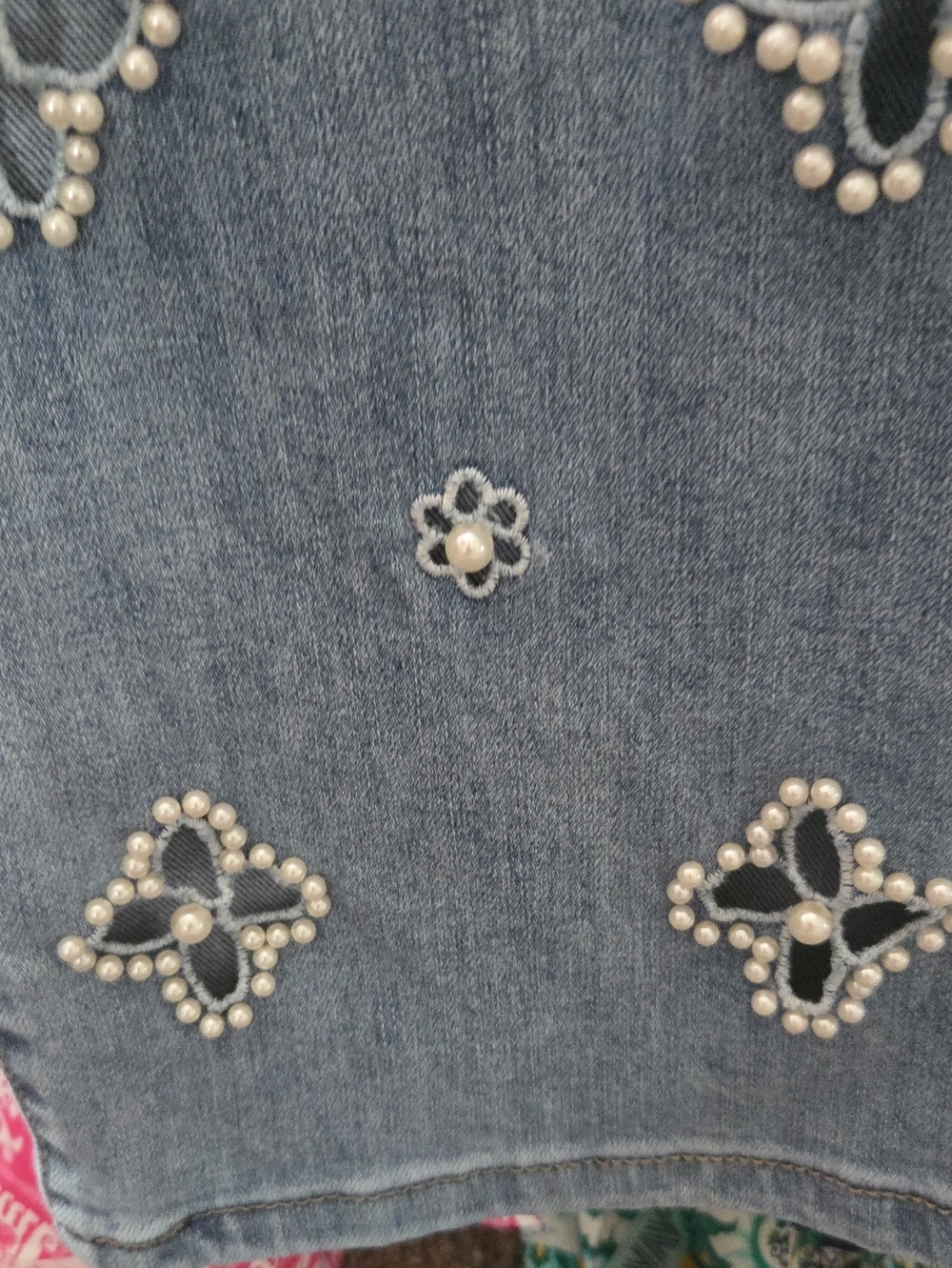 Embellished Light Blue Wide-Leg Jeans by Jewelly With Flower and Pearl Detail. - Picture 8 of 11